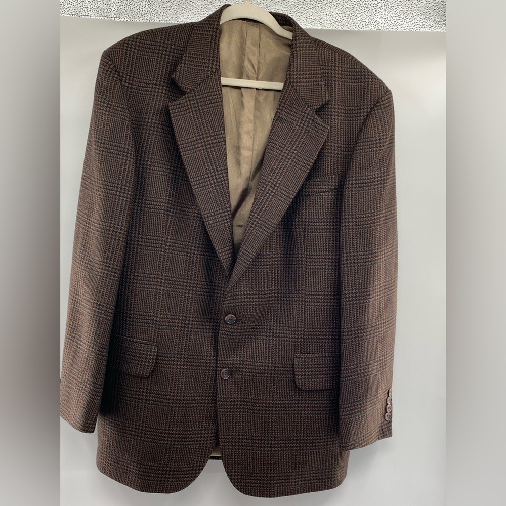 Oscar de la Renta Mens Wool Windowpane Plaid Blazer Sportcoat Sz 43R Bro…